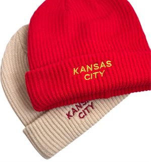 Kansas City Embroidered Knitted Beanie - Camel