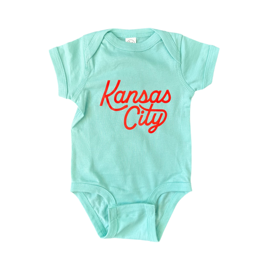 Kansas City Script Onesie - Teal & Red