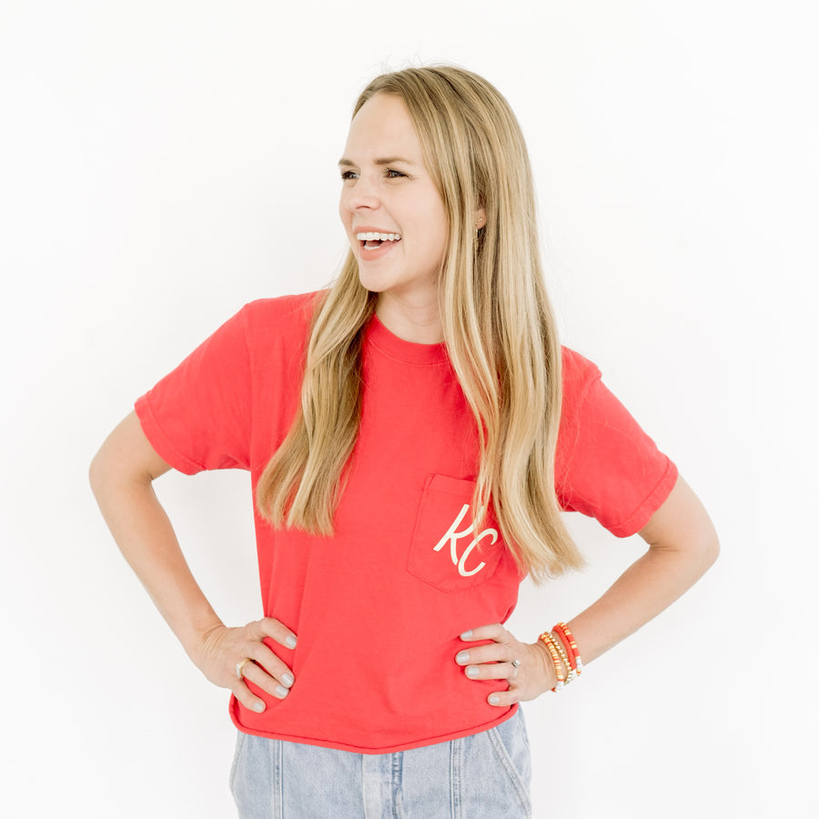 Kansas City Script Cropped Pocket T-Shirt - Red & Ivory